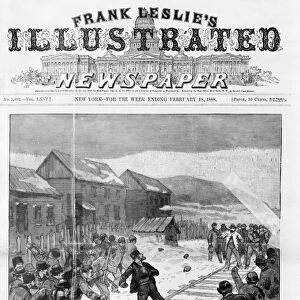 MINER STRIKE, 1888. A mob of striking Polish-American miners attacking the coal and iron police near Shenandoah City, Pennsylvania. Front page of Frank Leslies Illustrated Newspaper, 3 February 1888