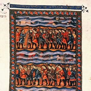 MOSES: CROSSING RED SEA. Illumination from the Rylands Haggadah, Spain, 14th century