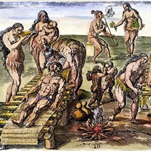 Native Americans of Florida tending their sick by trepanning (at left), to remove diseased blood, and fumigation (at right), to remove toxins from diseases contracted from Europeans, including syphilis and smallpox. Copper engraving, 1591, by Theodor de Bry from his Historia Americae, after Jacques Le Moyne de Morgues