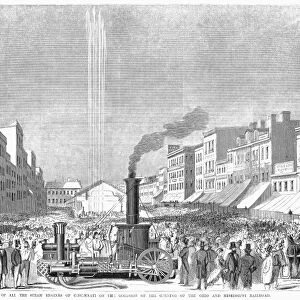 OHIO-MISSISSIPPI RAILROAD. Trial of all the Steam Engines of Cincinnati, Ohio, on the Occasion of the Opening of the Ohio and Mississippi Railroad. Wood engraving from an American newspaper of 1857