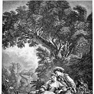 PASTORAL LOVE. Line engraving, French, 19th century, after Francois Boucher (1703-1770)
