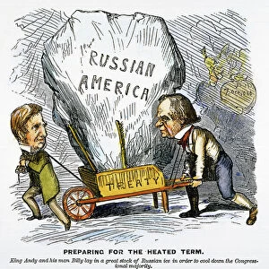 Preparing for the heated term. American cartoon, 1867, on the purchase of Alaska by Billy (Secretary of State William H. Seward) and King Andy (President Andrew Johnson), here depicted hauling a large chunk of Alaskan ice to cool congressional tempers