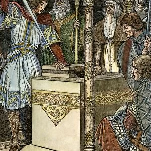 PRINCE ARTHUR, 1923. Arthur drawing the sword from the stone. Illustration by Louis Rhead