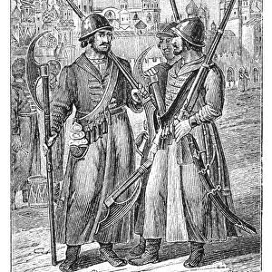 RUSSIA: STRELTSY, 1613. Members of the Streltsy, Russian guardsmen, bearing their arms in 1613. Line engraving