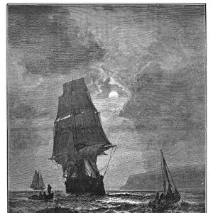SAILING SHIP, 1880. Moonlight on the Water. Engraving after a painting by Mauritz de Hs