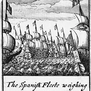 SPANISH ARMADA, 1588. The Spanish Fleete weighing ancor from the River Tagus, the 20th of May 1588. The eight of hearts from a deck of English playing cards depicting the defeat of the Spanish Armada, 1588