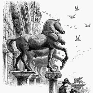 VENICE: ST. MARKs HORSES. Bronze horse statues at the front of St. Marks Basilica, overlooking St. Marks Square in Venice, Italy. Wood engraving, c1875, by Edward Whympter after Harry Fenn