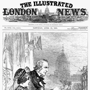 WILLAM EWART GLADSTONE (1809-1898). English statesman. Campaigning for the Liberal party in the General Election of 1880, William Gladstone addresses a crowd in Edinburgh, Scotland, 5 April 1880. Wood engraving from a contemporary English newspaper