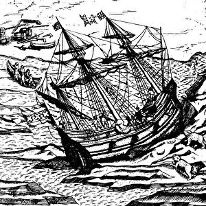 WILLEM BARENTS (c1550-1597). Dutch navigator. A ship lifted by pressure ice during Willem Barents last voyage. Line engraving, 1598