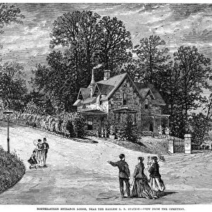 WOODLAWN CEMETERY, 1869. View of the northeastern entrance lodge at Woodlawn Cemetery