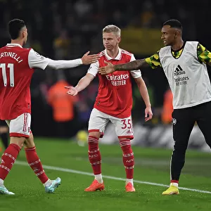 Martinelli, Zinchenko, and Marquinhos Celebrate Arsenal's Second Goal vs. Wolverhampton Wanderers (2022-23)