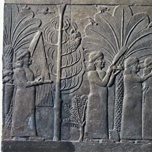 Assyrian civilization, relief with Ashurbanipal celebrating with his queen, detail of maids procession, from Nineveh