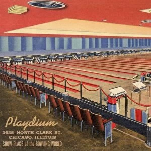 Bowling Lanes. ca. 1940, Chicago, Illinois, USA, THE PLAYDIUM with its 30 bowling lanes devoid of posts or obstructions of any kind is truly the bowling showplace of tomorrow. Its metropolitan atmosphere with its beautiful cafja lounge and grill has made it the rendezvous for bowlers and spectators alike. Completely air-conditioned and managed to please our guests its environment enables the entire family to enjoy diversion to the fullest extent. And too, there is free instruction for beginners