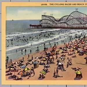 Cyclone Racer and Crowd at Beach. ca. 1936, Long Beach, California, USA, LB-89-THE CYCLONE RACER AND BEACH CROWDS, LONG BEACH, CALIFORNIA