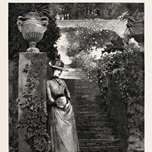 DRAWN BY PERCY MACQUOID, in the garden, engraving 1890