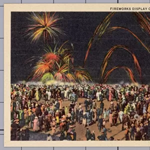 Fireworks Display on Coney Island Beach. ca. 1936, Coney Island, New York, USA, FIREWORKS DISPLAY ON THE BEACH, CONEY ISLAND, N. Y. Watching the periodical fireworks displays at Coney Island is a favorite pastime enjoyed by visitors to New York City and residents alike. The displays are given on the beach and draw huge crowds during the summer