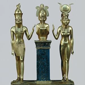 Gold and lapis lazuli figurines of Osiris, Horus and Isis: the triad of Osorkon, Middle Kingdom, Dynasty XXII, 970-730 B. C