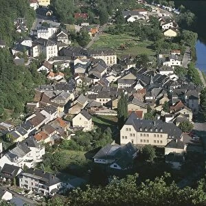 Luxembourg, Oesling, Aerial view of Vianden and river Our