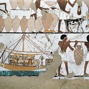 Mural painting depicting scene of carriage of wine on boat, from New Kingdom