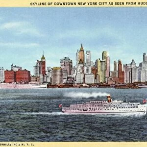 New York City from Hudson River. ca. 1933, New York, New York, USA, SKYLINE OF DOWNTOWN NEW YORK FROM THE WEST. The tall white building in the left centre is the Woolworth building housing The Merchants Association of New York among its tenants. At the left is the New York Telephone Company building: the skyscrapers to the right are in the heart of the Citys financial center. 37. SKYLINE OF DOWNTOWN NEW YORK CITY AS SEEN FROM HUDSON RIVER