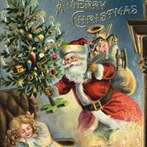 Postcard of Santa Claus and Sleeping Girl. ca. 1899-1915, A MERRY CHRISTMAS