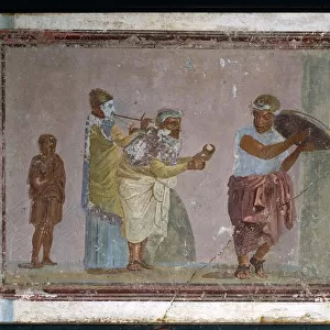 Roman civilization, 1st century A. D. Fresco depicting a scene from a comedy by Menander, The Possessed Girl: itinerant musicians from Italy, Stabiae, painting on plaster, 30-40 A. D