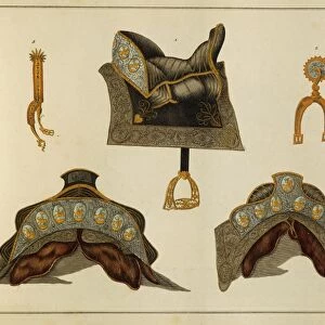Saddles and horse and equestrian equipment, print, 1842