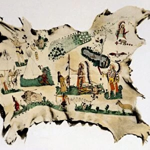 Sioux Indian painting on sky by Silver Horn, showing various episodes in native North