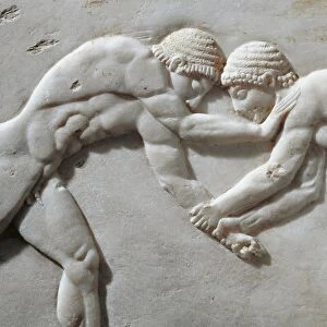 Stele representing wrestlers at wrestling competition, from Kerameikos Necropolis