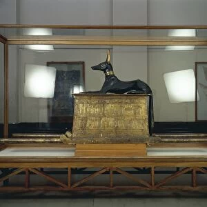 Treasure of Tutankhamen, wooden statue of jackal god Anubis upon a gilded chest from New Kingdom