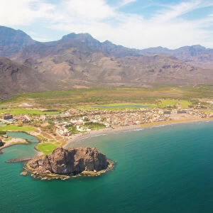 Aerial view of Loreto Bay, Nopolo Rock, Sierra de la Giganta, Baja California Sur, Mexico