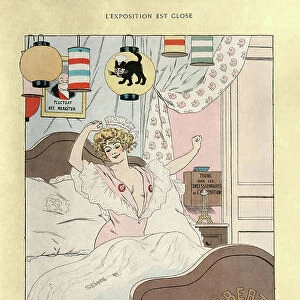 Beautiful woman waking up in the morning, stretching in bed, Vintage French cartoon