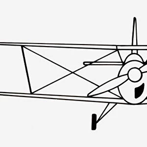 Black and white illustration of biplane propeller aircraft
