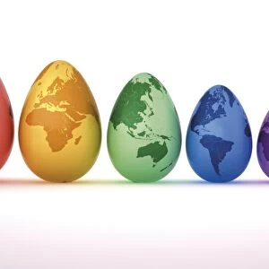 Colourful Easter eggs, painted with different continents, 3D illustration