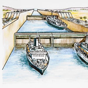 Illustration of cruise ships in row of canal locks