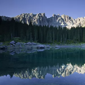 Lake Carezza with Latemar Mountain, Karerpass, Dolomiten, South Tyrol province, Trentino-Alto Adige, Italy