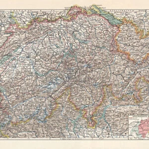 Map of Switzerland and the different language areas, lithograph, 1897