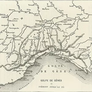 Old engraved map of the Gulf of Genoa, the northernmost part of the Ligurian Sea (largest city on its coast is Genoa, which has an important port)