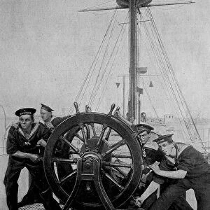 Sailors at the helm, steering wheel of a ship, in Kiel, Germany, photo from 1903, Historic, digital reproduction of an original from the 19th century, original date unknown