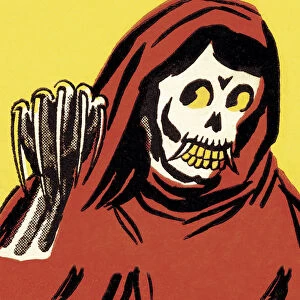 Skeleton Wearing a Red Hooded Cape