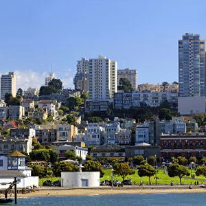 Skyline of San Francisco with the Marine Park, Hyde Street Pier, San Francisco, California, USA