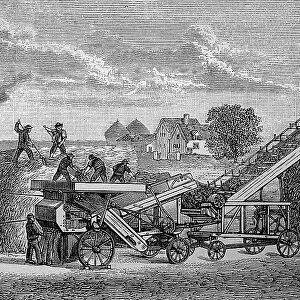 Steam threshing machine, Germany, in the year 1880, Historical, digital reproduction of an original from the 19th century