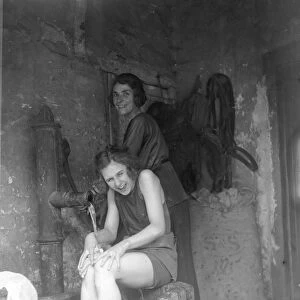 Miss Edna Maude, seventeen year old dancer on holiday in Somerset. Having a wash