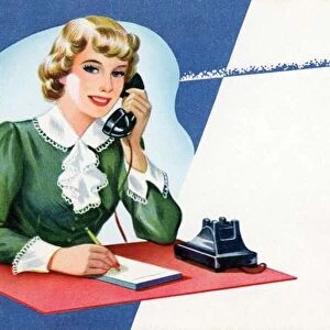 1950s Secretary Answering the Phone and Taking a Message at the Office