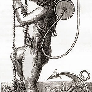 A 19th century deep sea diver wearing rubber coated diving suit with helmet