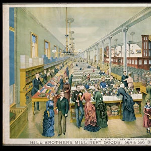 Advertisement for Hill Bros. Millinery Goods with an interior view of the main saleroom