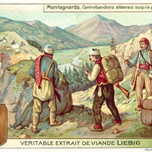 Albanian smugglers surprised by customs officers (chromolitho)