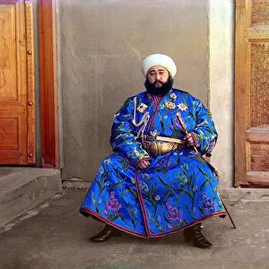 Alim Khan, Emir of Bukhara, seated holding sword, Bukhara, Russian Empire