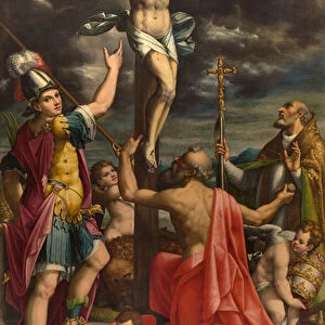 Altar of San Fermo, Crucifixion with Saints Fermo Jerome and Pope Gregory XIV, Luca Cattapane 1593