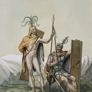 Ancient Celtic warriors dressed for battle, c. 1800-18 (coloured engraving)